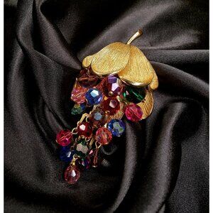 Rare Find Vintage 1960s-1970s Grape Leaf Branch Dark Multi Colored Gold Tone Bro